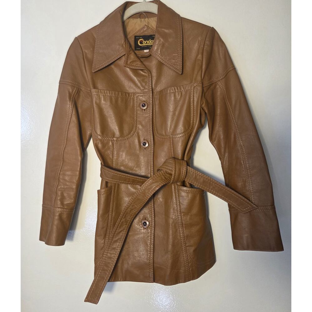 Vintage 1970s Womens Condor Leather Jacket Sz 7/8 Button Front Tie Waist Caramel